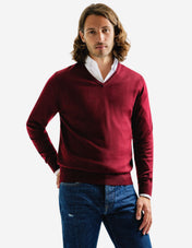 Tröja V-ringad Merinoull Vinröd