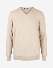 Tröja V-ringad Merinoull Beige