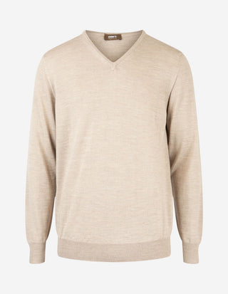Tröja V-ringad Merinoull Beige