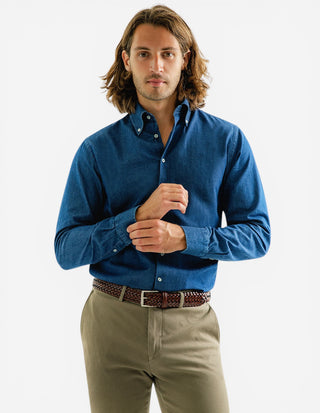 Regular Fit Extra Lång Ärm Denim Skjorta Mörkblå