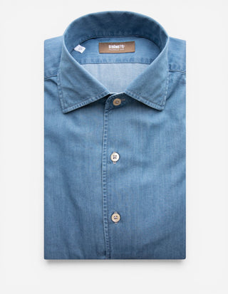 Casual Fit Jeansskjorta Helskuren Krage Denim Blå