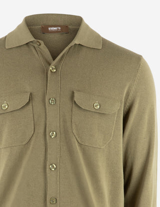Skjortcardigan Stickad Bomull Militärgrön