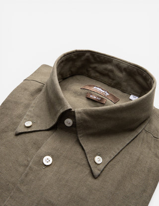 Slim Fit Skjorta Button Down Linne Olivgrön