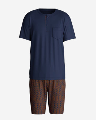 Pyjamas Kort Pima Cotton Mörkblå/Vinröd