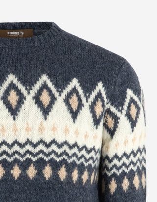 Tröja Rundhals Merino Alpacka Fair Isle Denimblå