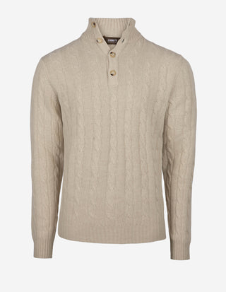 Kabelstickad Poloshirt Ull Kashmir Beige