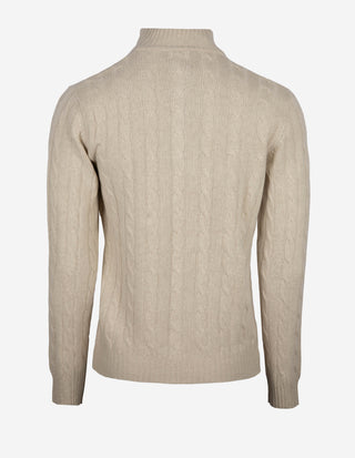 Kabelstickad Poloshirt Ull Kashmir Beige