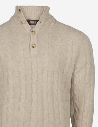 Kabelstickad Poloshirt Ull Kashmir Beige