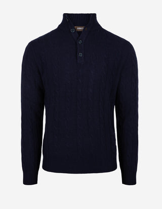 Kabelstickad Poloshirt Ull Kashmir Navy
