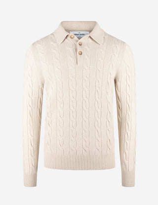 Kabelstickad Pikétröja Ull/Kashmir Ljusbeige