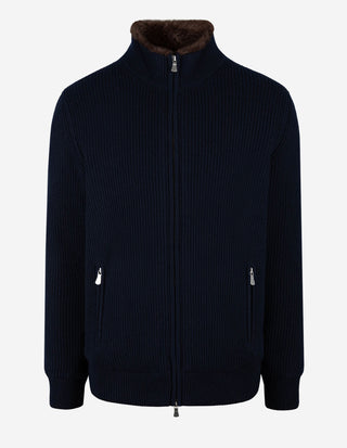 Zip-Cardigan Kashmir Eco-Fur Navy/Brun