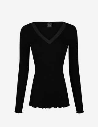 V-Neck Top Satin Trim Svart
