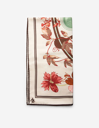 Scarf Siden Blommönster Creme/Burgundy/Rosa