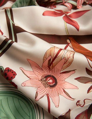 Scarf Siden Blommönster Creme/Burgundy/Rosa