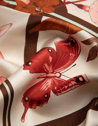Scarf Siden Blommönster Creme/Burgundy/Rosa
