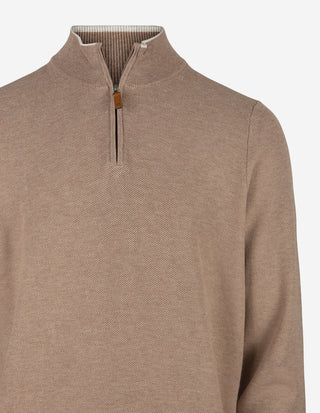 Half-Zip Strukturstickad Bomull Mörkbeige