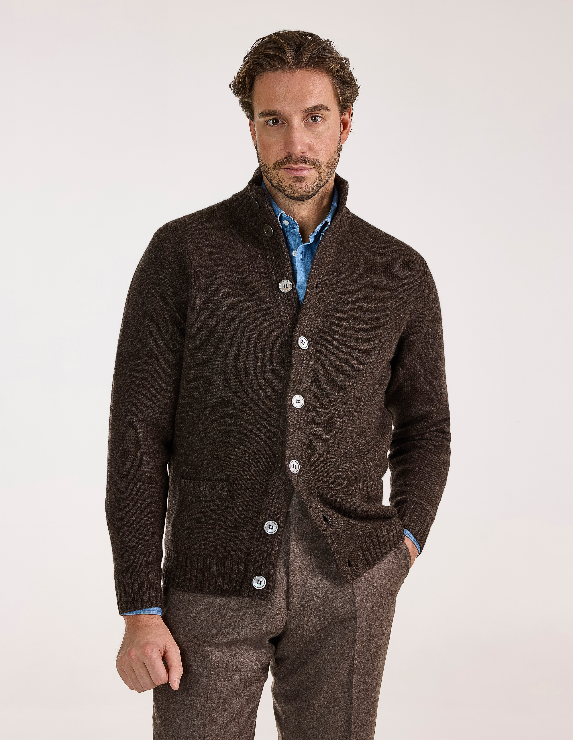 Landford Cardigan Lammull Mörkbrun