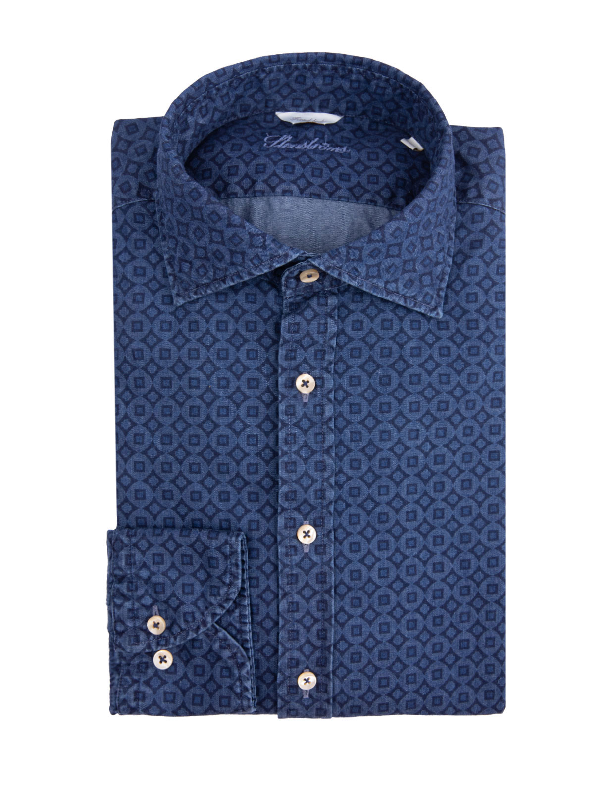 Casual Slimline Shirt Medallion Pattern Denim Blue